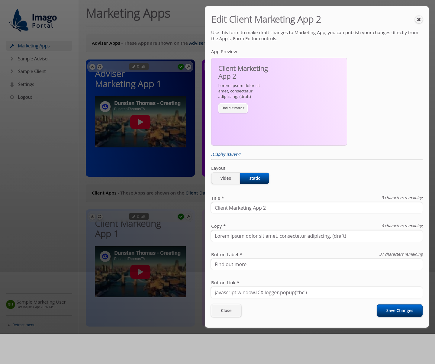 Role-Marketing > 01 Marketing Dashboard > Edit Marketing Apps